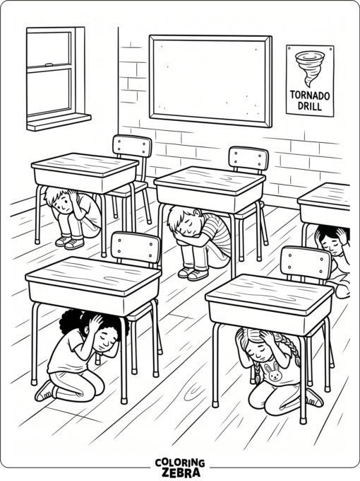 Kids hiding under desks during a tornado drill