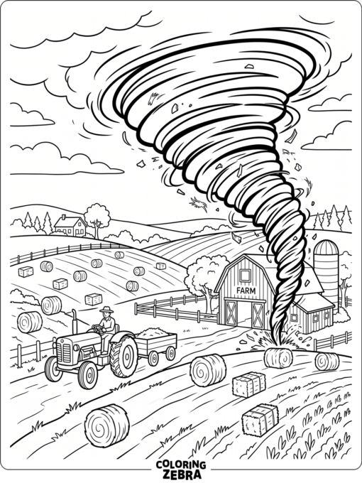 A tornado passing through a farm with a barn