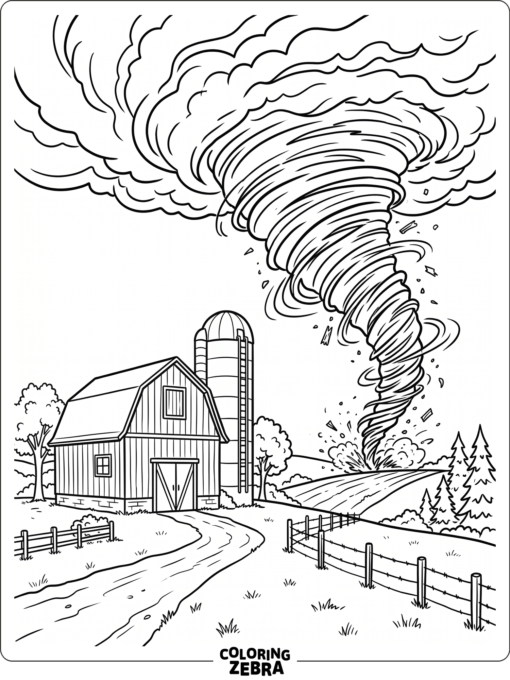 A tornado near a barn and silo