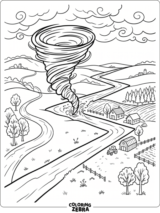 A tornado leaving a zigzag path across the land