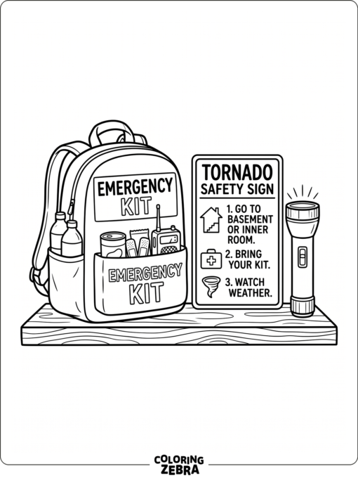 An emergency kit beside a tornado safety sign