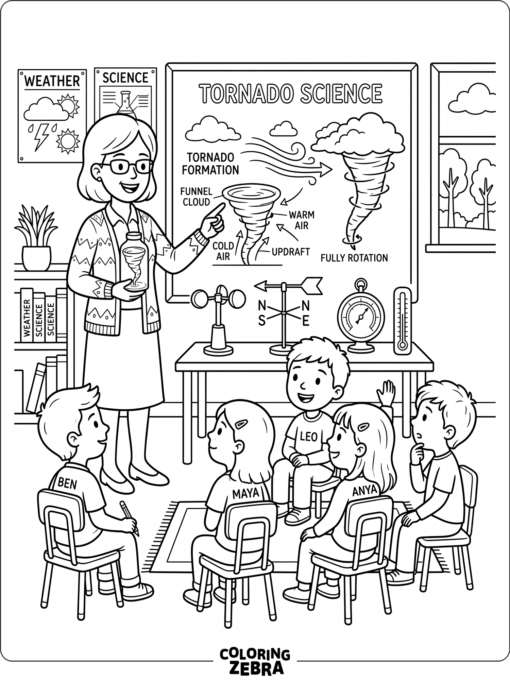 A teacher explaining tornado science to students