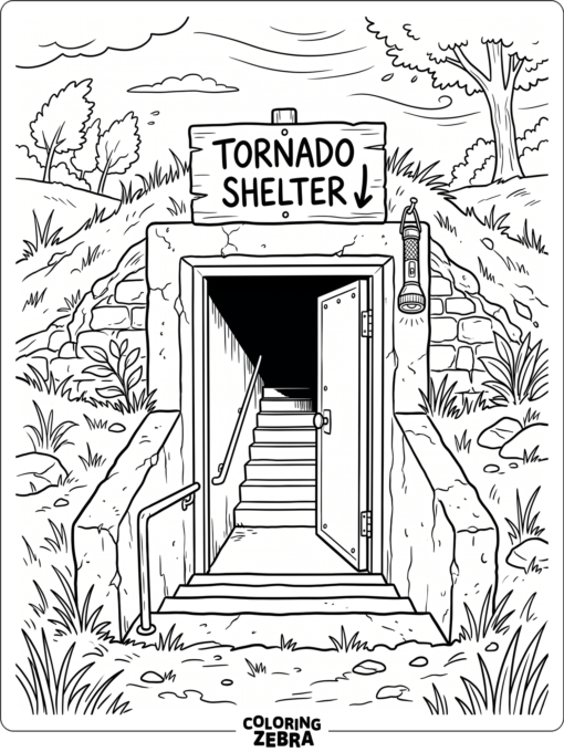 An underground tornado shelter with stairs and a sign