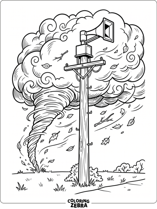 A tornado siren on a pole with storm clouds