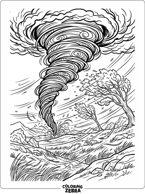 A swirling tornado with strong wind lines