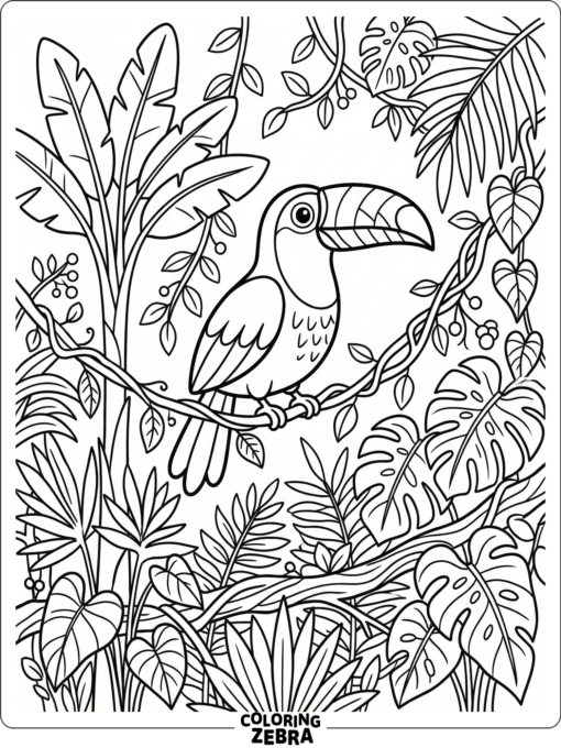 A toucan in a rainforest with tall plants and vines