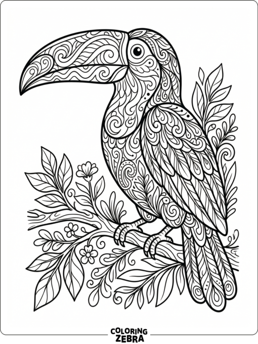 A toucan covered in zentangle patterns and feather swirls