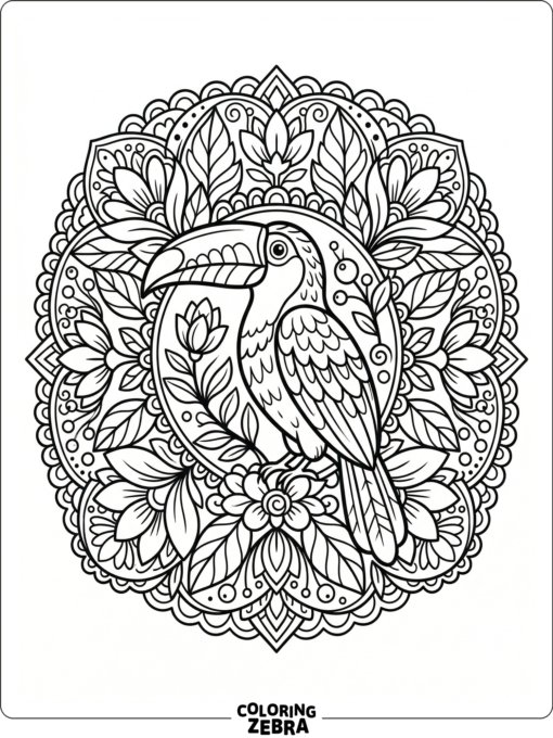 A toucan framed by circular mandala leaves and flowers