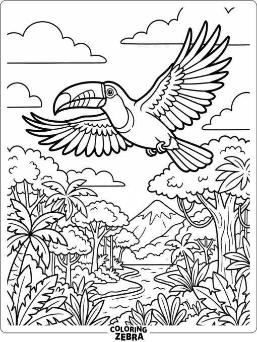 A toucan flying above rainforest trees