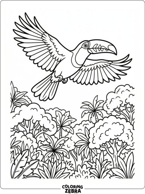 A toucan flying with wings spread above trees