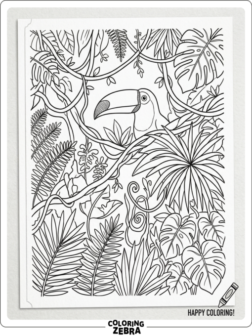 A toucan among vines, ferns, and dense jungle leaves