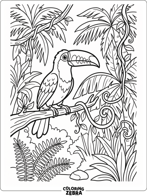 A toucan perched in a lush rainforest setting