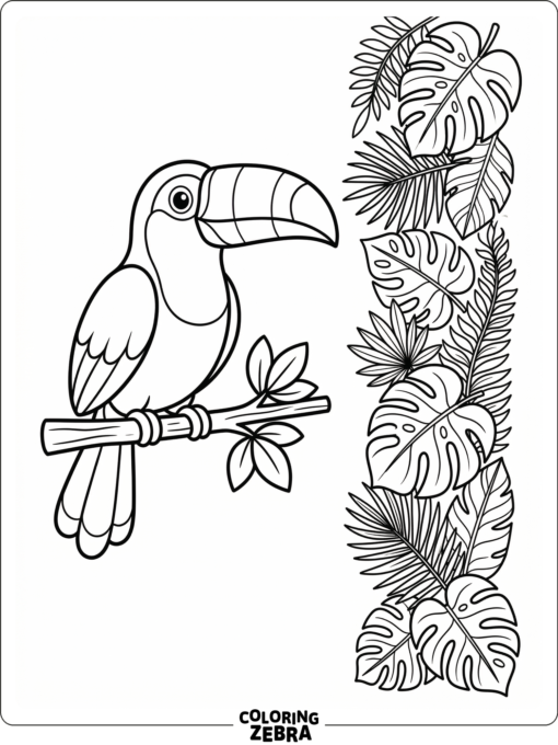 A toucan perched beside tropical leaves and open space