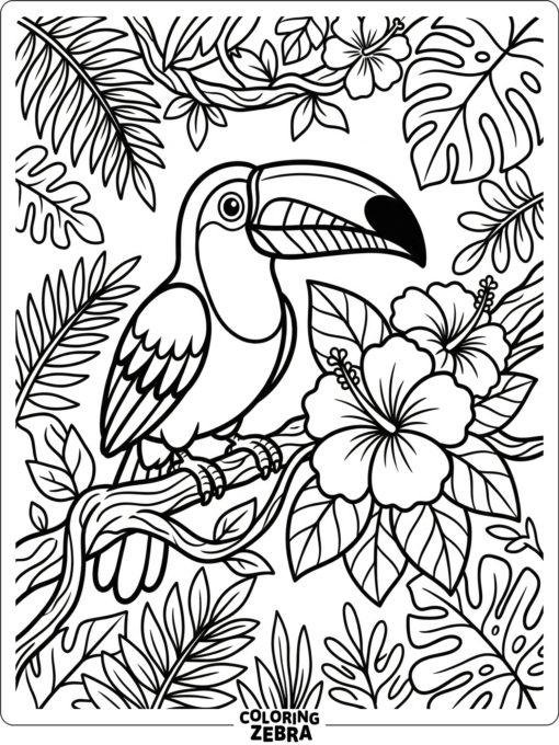 A toucan perched near hibiscus blooms on a leafy branch