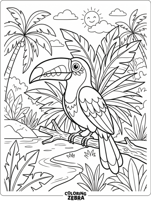 A toucan beside wide palm leaves in a tropical setting
