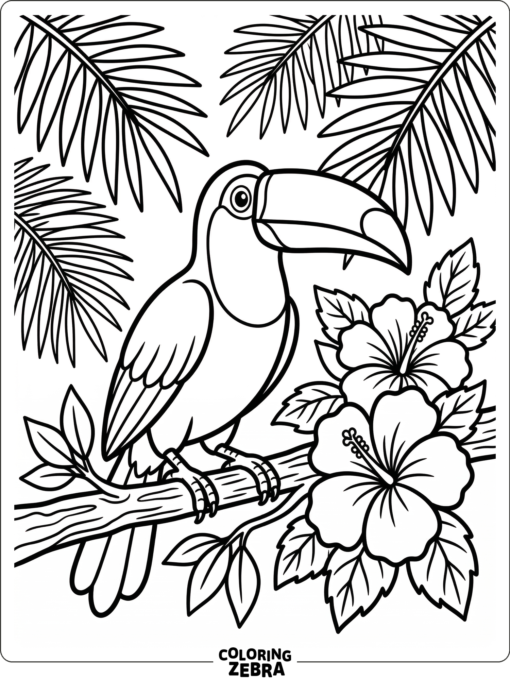 A toucan perched near tropical flowers and palm fronds