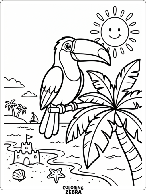 A toucan perched by palm leaves and a bright sun