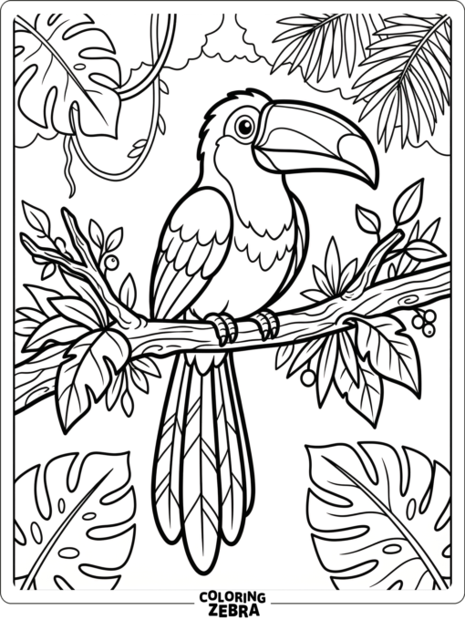 A toucan resting on a branch with long tail feathers