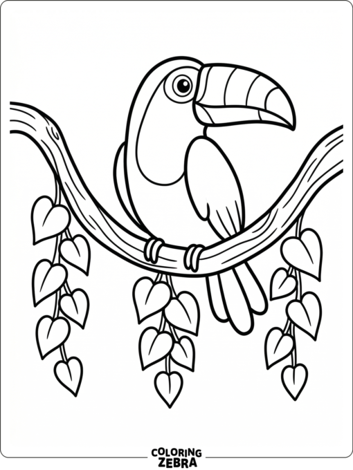 A toucan resting on a curved branch with hanging leaves