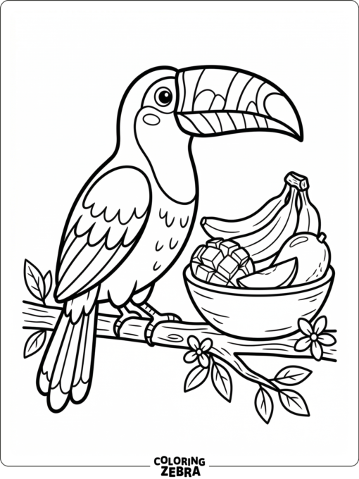 A toucan sitting near tropical fruit on the ground