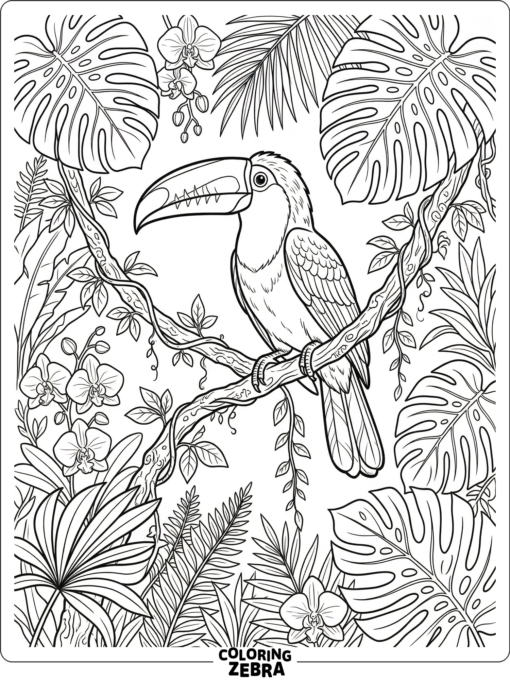 A toucan sitting on a vine among jungle leaves