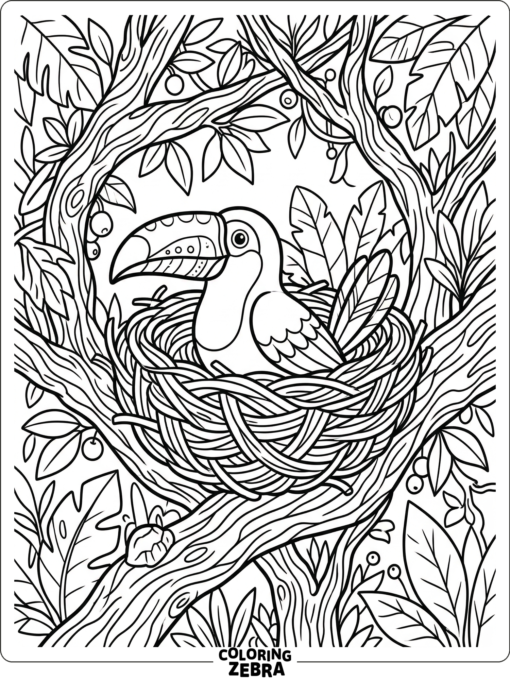 A toucan sitting in a woven nest among branches