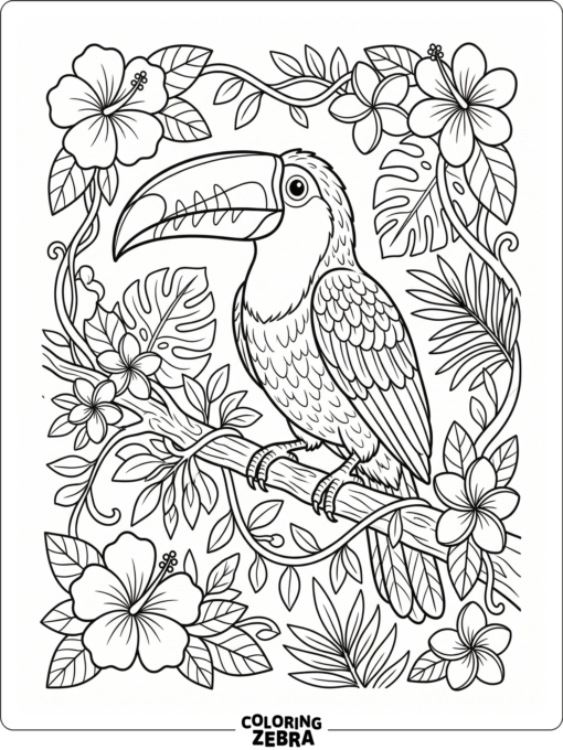 A toucan with a bright beak and soft flower shapes