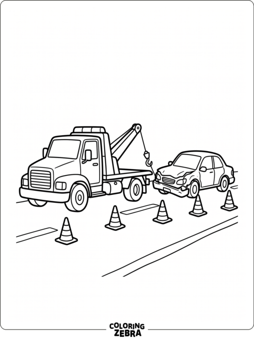A tow truck at an accident scene with cones