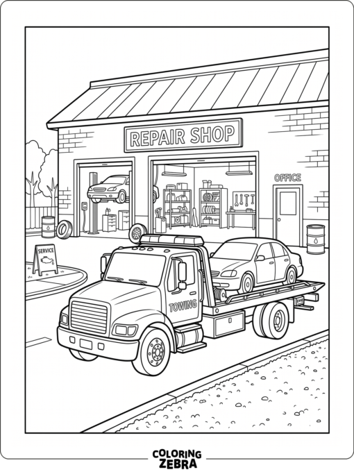 A tow truck parked outside a repair shop