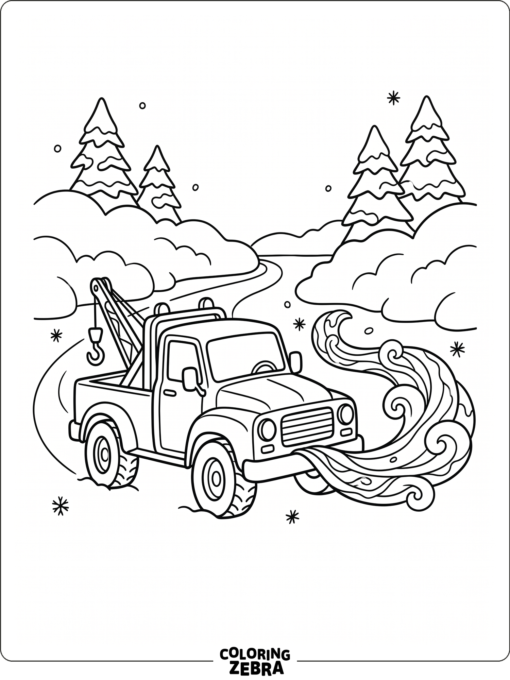 A tow truck driving through snow near snowbanks