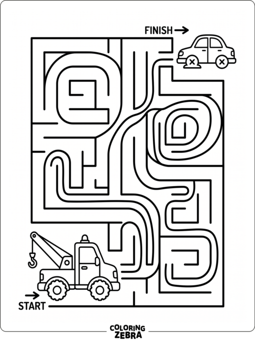 A tow truck navigating a maze toward a broken car