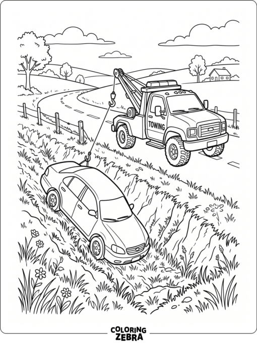 A tow truck pulling a car out of a ditch