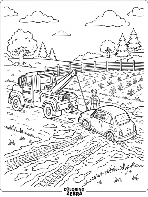 A tow truck rescuing a car stuck in mud