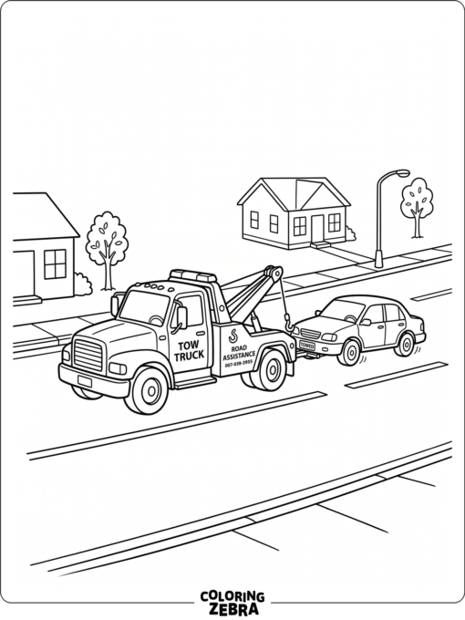 A tow truck pulling a car with a strap