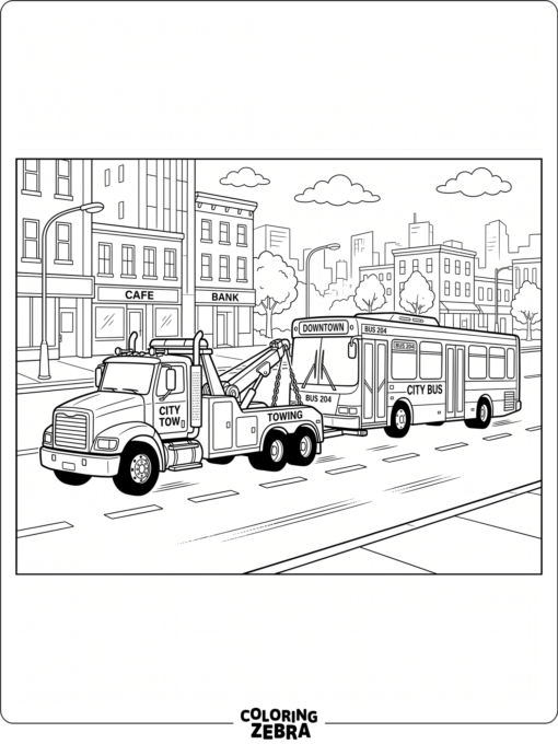 A tow truck towing a bus down a city street