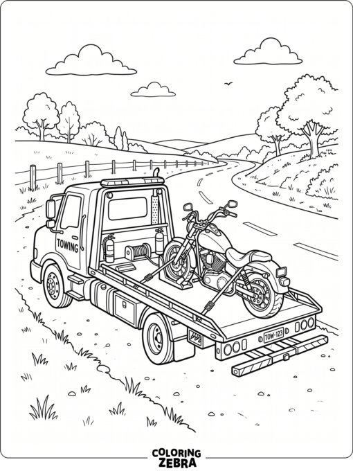 A tow truck carrying a motorcycle on the back