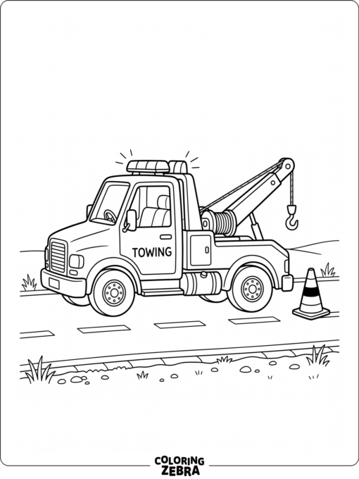 A tow truck with flashing lights and a hook near a cone