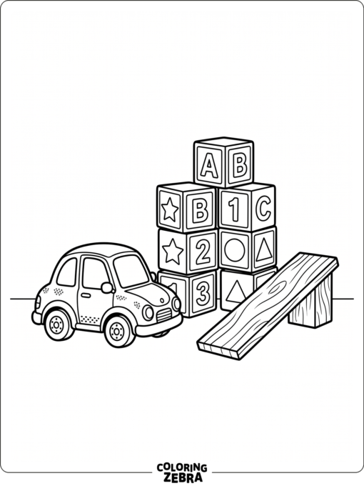A toy car beside blocks and a ramp