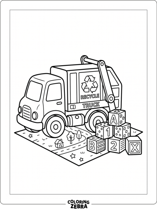 Toy garbage truck next to building blocks