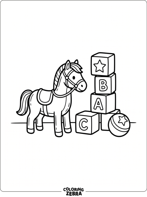 A toy horse beside blocks and a ball