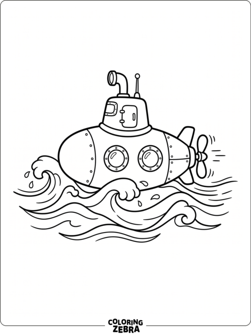 A toy submarine with a propeller floating on simple waves