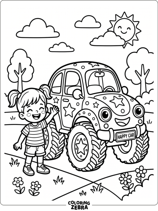 A cheerful child beside a friendly car