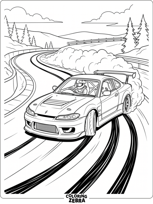 A drift car sliding around a curve