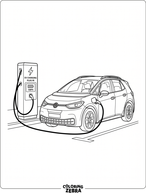 A small electric car plugged into a charging station