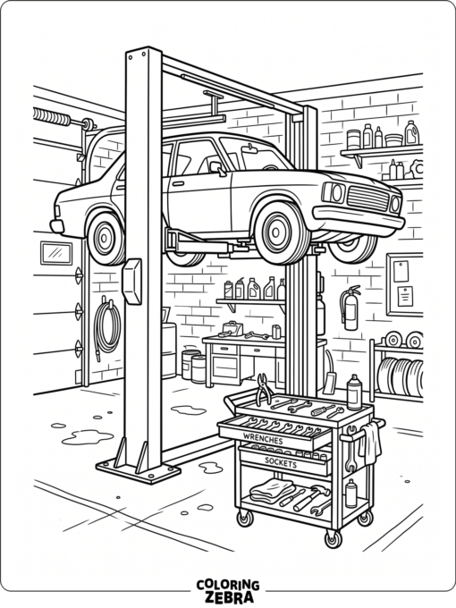A car in a garage with tools nearby