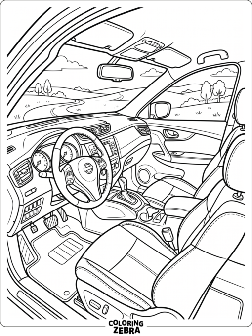 A car interior with seats and dashboard
