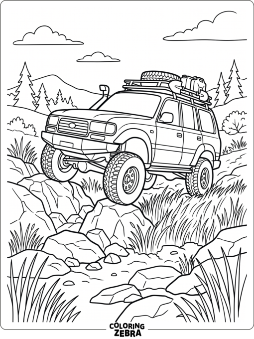 A lifted SUV climbing over rocks