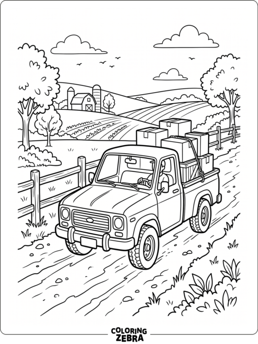 A pickup truck carrying boxes on a farm road