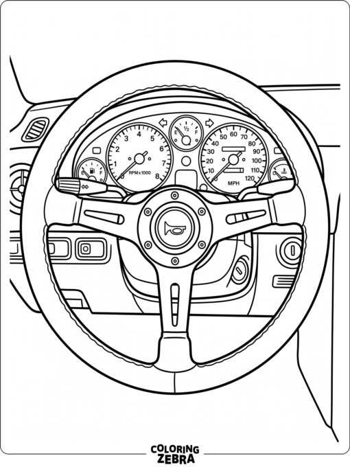 A steering wheel with gauges in the background