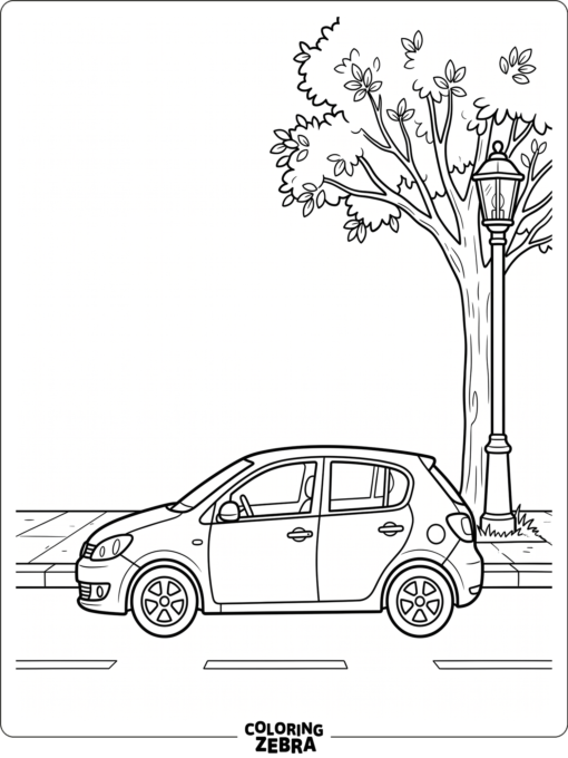 A Toyota Yaris hatchback parked beside a streetlamp